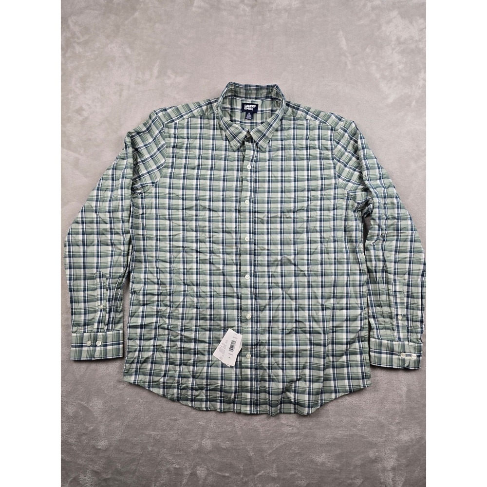 Lands End Button Down Shirt Mens XL Green Plaid Long Sleeve Lyocell Nylon Cotton